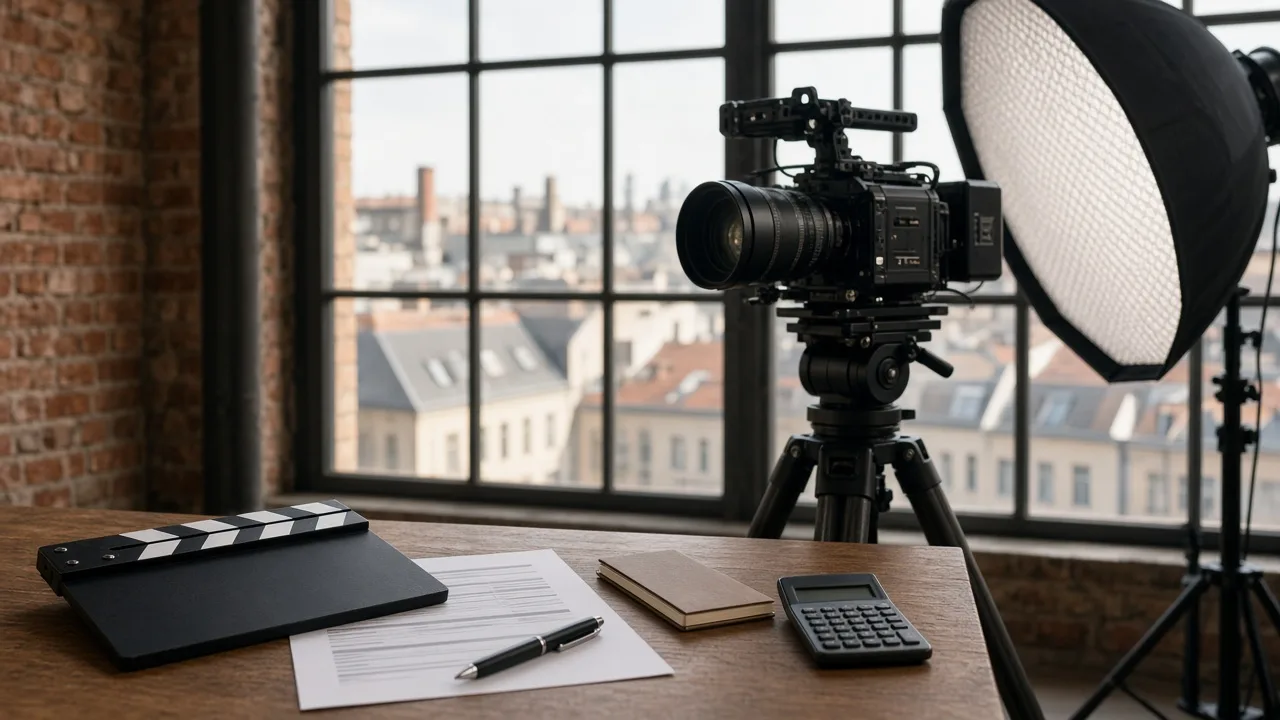 Professionelle Filmkamera und Softbox-Licht in einem hellen Berliner Loft-Studio, davor Drehplan, Klappe und Taschenrechner: Planung der Kosten einer Videoproduktion